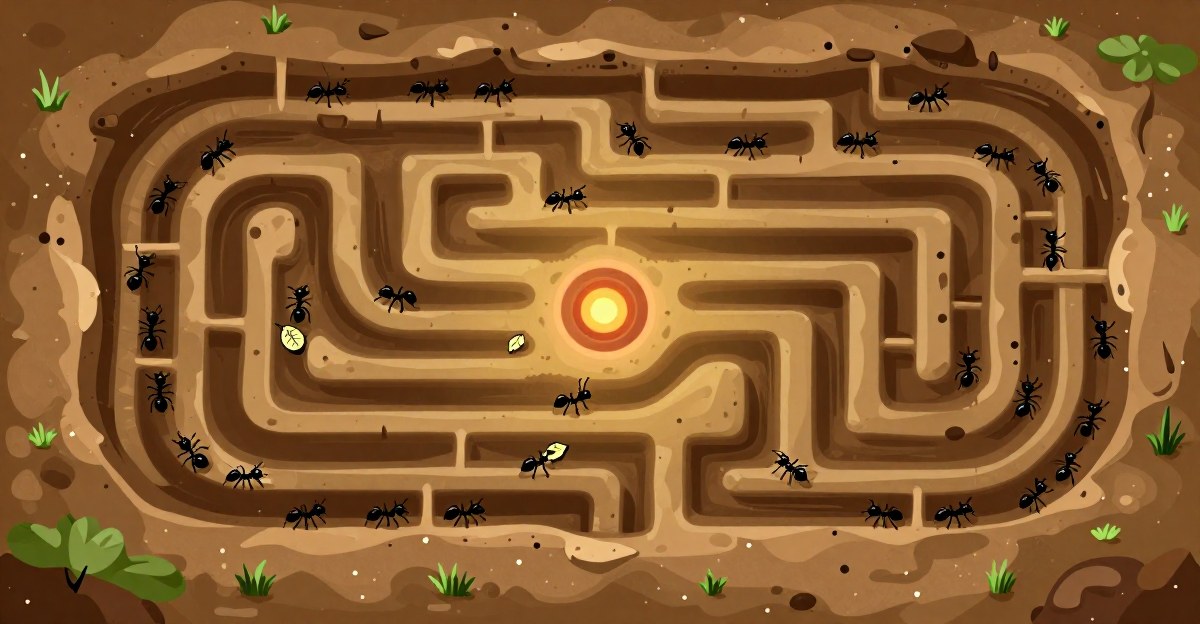 Juego Hormigas: una columna de hormigas negras recorriendo un hormiguero de tierra ocre con túneles, hojas y granos de arena